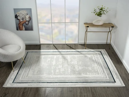 Zenith Zn004a Gri Halı Antrasit Detaylı Lacivert Kenar Çerçeveli Yumuşak Kadife Ince Modern Halı