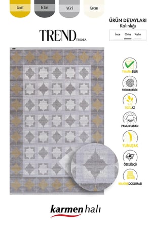 Trend TR008A Gri Halı Gold Detaylı Klasik Geometrik Desenli Akrilik Yumuşak Salon Halısı