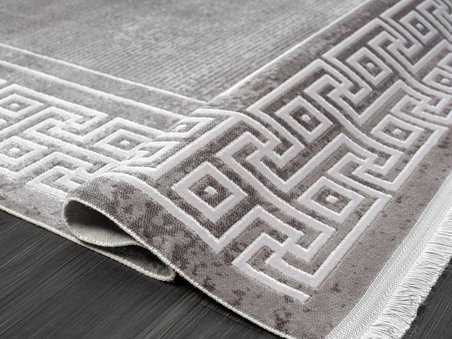 Trend 2809 Gri Halı Krem Kenar Çerçeveli Modern Ince Yumuşak Akrilik Tozuaz Salon Halısı Koridor