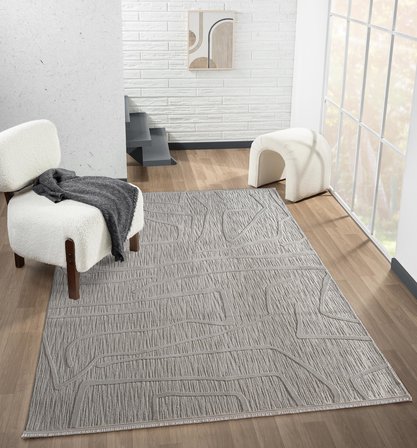 Sümer SM014G Gri Rengi Halı Çizgi Desenli Dekoratif Modern Antialerjik Salon Mutfak Halısı