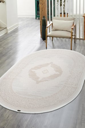 Truva 8342 Oval Krem Halı Bej Kalın Akrilik Tozuaz Modern Klasik Oval Salon Halısı Koridor