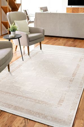 Etro ET001W Krem Klasik Modern Çerçeveli Göbekli Desen Parlak Ağır Salon Halısı İpek Serisi