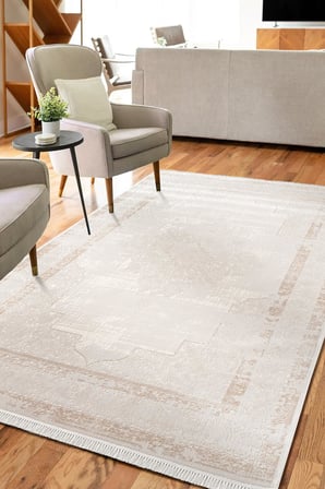 Etro ET001W Krem Klasik Modern Çerçeveli Göbekli Desen Parlak Ağır Salon Halısı İpek Serisi