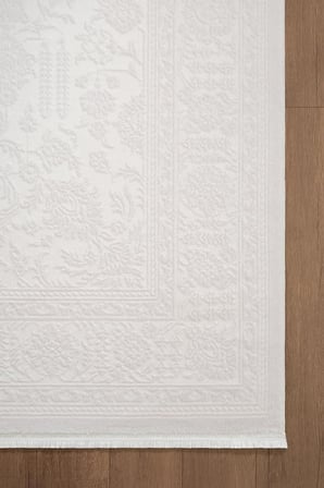 Jade JD006W Beyaz Halı Klasik Desenli Triko Akrilik Pamuk Tabanlı Kaymaz Salon Yatak Odası Halısı