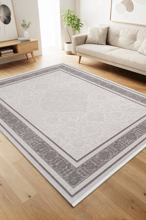 Jade JD005G Gri Halı Klasik Çerçeve Desenli Triko Akrilik Pamuk Tabanlı Kaymaz Salon Halısı Koridor