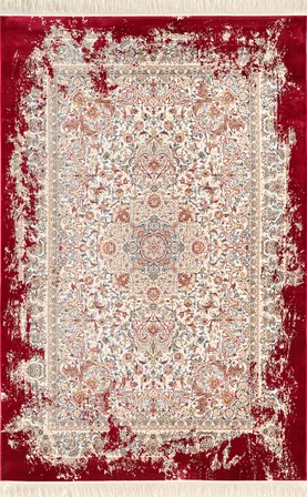 Diamente DM005J Krem Kırmızı Çerçeveli Halı Modern Klasik Desen 100 Tarak Bambu Viskon İpek Serisi