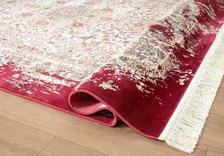 Diamente DM005J Krem Kırmızı Çerçeveli Halı Modern Klasik Desen 100 Tarak Bambu Viskon İpek Serisi