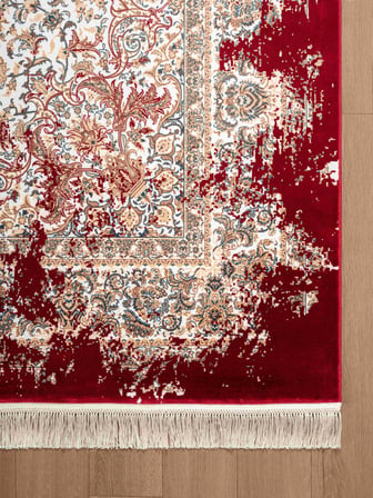 Diamente DM005J Krem Kırmızı Çerçeveli Halı Modern Klasik Desen 100 Tarak Bambu Viskon İpek Serisi