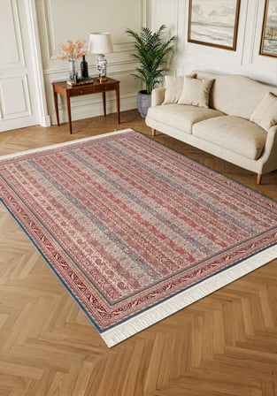 Imperial Luxe IL006R Koyu Mavi Kırmızı Halı Çerçeve Klasik Desen 100 Tarak Bambu Viskon İpek Serisi