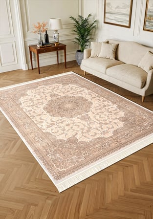 Imperial Luxe IL005S Krem Çerçeveli Göbekli Halı Klasik Desen 100 Tarak Bambu Viskon İpek Serisi