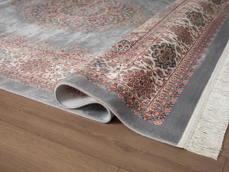 Imperial Luxe IL004G Gri Krem Çerçeveli Göbekli Halı Klasik Desen 100 Tarak Bambu Viskon İpek Serisi