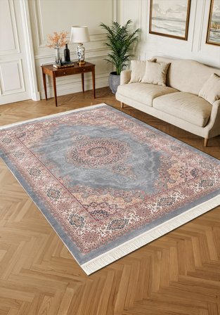 Imperial Luxe IL004G Gri Krem Çerçeveli Göbekli Halı Klasik Desen 100 Tarak Bambu Viskon İpek Serisi