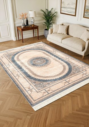 Imperial Luxe IL002M Krem Gri Çerçeveli Göbekli Halı Klasik Desen 100 Tarak Bambu Viskon İpek Serisi