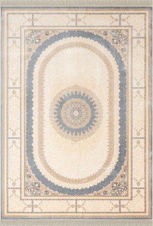Imperial Luxe IL002M Krem Gri Çerçeveli Göbekli Halı Klasik Desen 100 Tarak Bambu Viskon İpek Serisi
