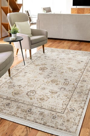 Etro ET003A Krem Klasik Modern Çerçeveli Etnik Desen Parlak Ağır Salon Halısı İpek Serisi