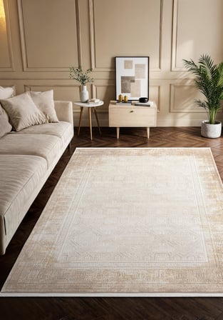 Vogue?VG009A Bej Gri Çerçeveli Geometrik Desen Modern Renk 100?Tarak Salon Halısı İpek Serisi