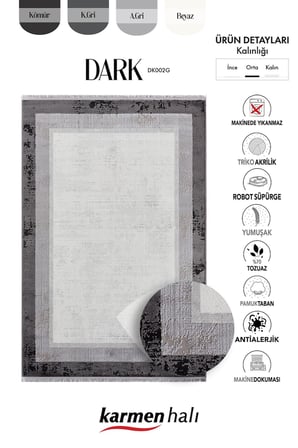 Dark Dk002g Gri Halı Antrasit Kenar Çerçeveli Akrilik Tozuaz Modern Salon Halısı Yatak Odası