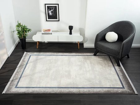 Dark Dk012m Gri Halı Lacivert Kenar Çerçeveli Geometrik Detaylı Akrilik Tozuaz Modern Salon Halısı