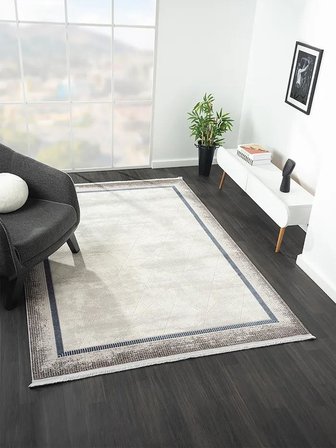 Dark Dk012m Gri Halı Lacivert Kenar Çerçeveli Geometrik Detaylı Akrilik Tozuaz Modern Salon Halısı