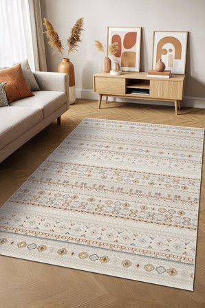 Icon IC008R Krem Halı Renkli Kilim Desenli Akrilik ve Pamuk Tabanlı 4 Mevsim Salon Halısı