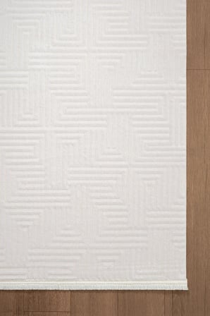 Jade JD013W Beyaz Halı Modern Desenli Triko Akrilik Pamuk Tabanlı Kaymaz Salon Oturma Odası Halısı