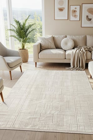 Best 115A Beyaz Modern Geometrik Desen Parlak Makinada Yıkanabilir Salon Halısı
