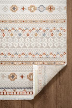 Icon IC008R Krem Halı Renkli Kilim Desenli Akrilik ve Pamuk Tabanlı 4 Mevsim Salon Halısı