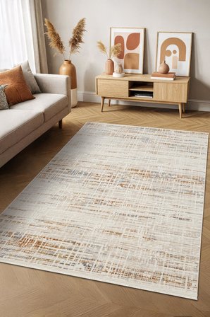 Icon IC009R Krem Renkli Modern Desenli Akrilik Pamuk Tabanlı Tozu Az 4 Mevsim Salon Halısı