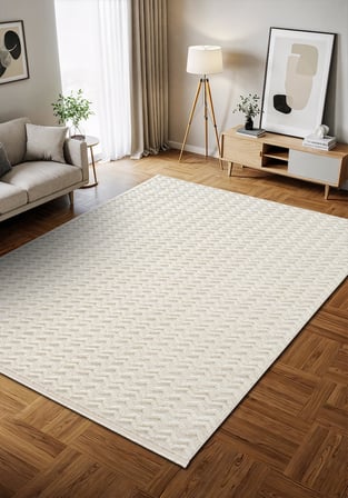Wool WL009A Beyaz Modern Desen Kabartmalı Doku Pamuk Tabanlı Kaymaz Halı
