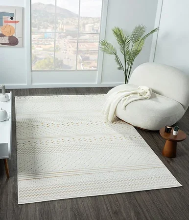 Lotus Plus 08582a Beyaz Halı Bej Kilim Desenli Modern Ince Akrilik Tozuaz Salon Halısı Yatak Odası