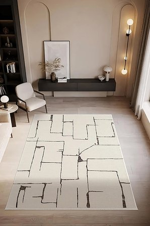 Look Black LB004W Krem Halı Siyah Dekoratif Çizgili Modern Desen Akrilik Yumuşak Tozuaz Salon Halısı