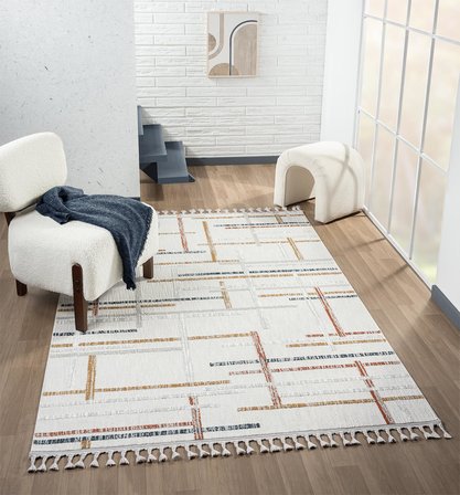 Sümer Sm011a Krem Rengi Halı Renkli Geometrik Desenli Dekoratif Modern Salon Halısı