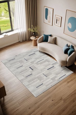 Arya A02945 Krem Mavi Akrilik Halı Geometrik Modern Desen Yumuşak Tozuaz Salon Halısı