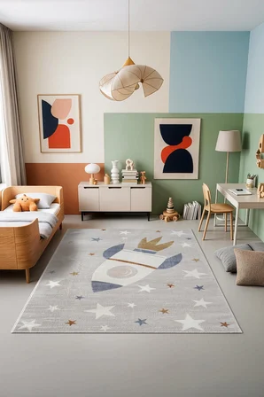 Icon Kids IC013R Gri Renk Akrilik Roket Ve Yıldız Desenli Çocuk Odası Halısı