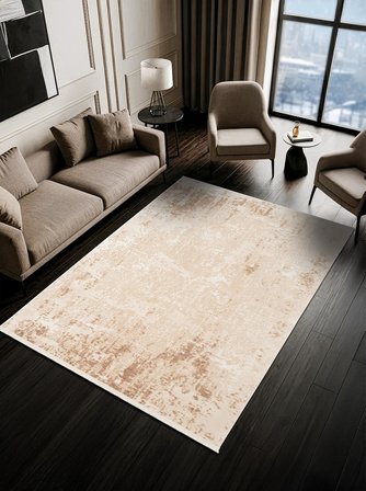 Look Classıc LK006B Çerçeveli Bej Klasik Desen Akrilik Dokuma Taban Tozuaz Oturma Odası Halısı