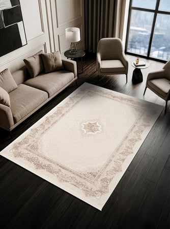 Look Classıc LK004G Çerçeveli Krem Klasik Desen Akrilik Dokuma Taban Tozuaz Oturma Odası Halısı