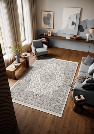 İdol IO004G Krem Gri Halı Klasik Desen Akrilik Yumuşak Dokulu Pamuk Taban Tozu Az Salon Oturma Odası