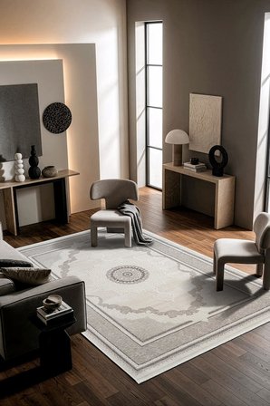 Leon LN009G Krem Gri Halı Klasik Desen Pamuk Taban Akrilik Tozuaz Salon Yatak Odası Koridor Halısı