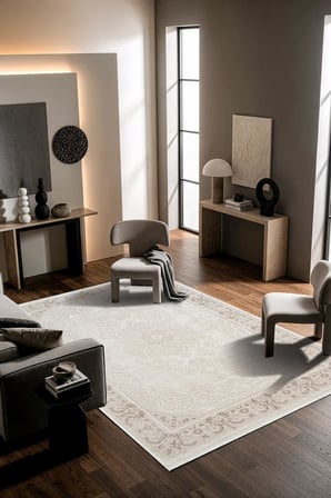 Leon LN006B Krem Halı Klasik Desen Pamuk Taban Akrilik Tozuaz Salon Yatak Odası Koridor Halısı
