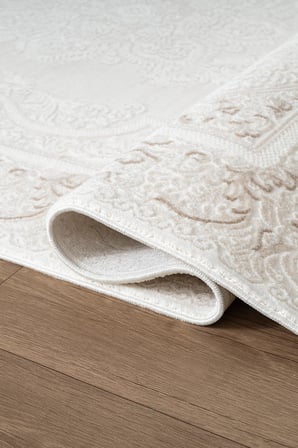 Leon LN006B Krem Halı Klasik Desen Pamuk Taban Akrilik Tozuaz Salon Yatak Odası Koridor Halısı