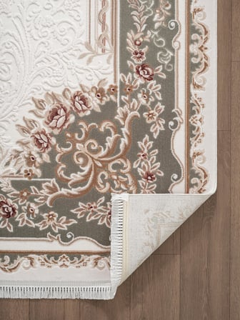 Fontana FT003Y Krem Yeşil Akrilik Halı Klasik Desen Pamuk Taban Tozu Az Salon Oturma Odası Halısı