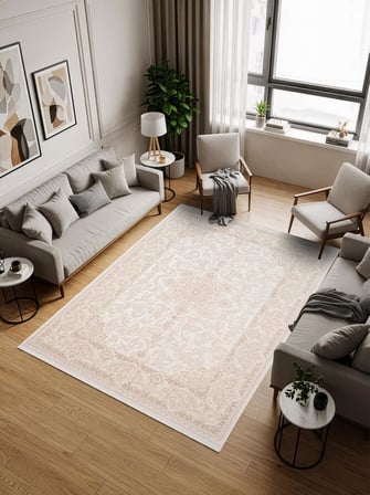 Fontana FT002W Krem Bej Akrilik Halı Klasik Desen Pamuk Taban Tozu Az Salon Oturma Odası Halısı