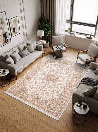 Fontana FT002B Krem Bej Akrilik Halı Klasik Desen Pamuk Taban Tozu Az Salon Oturma Odası Halısı