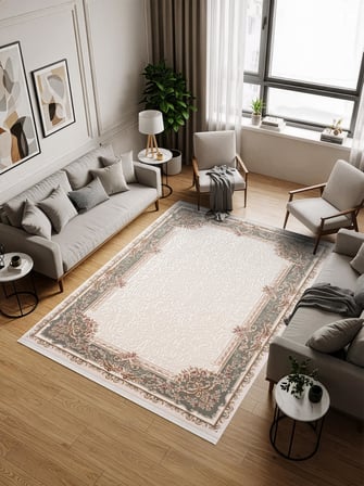 Fontana FT003Y Krem Yeşil Akrilik Halı Klasik Desen Pamuk Taban Tozu Az Salon Oturma Odası Halısı