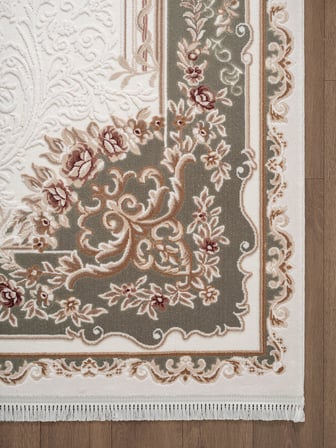 Fontana FT003Y Krem Yeşil Akrilik Halı Klasik Desen Pamuk Taban Tozu Az Salon Oturma Odası Halısı