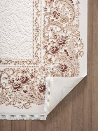 Fontana FT005P Krem Bej Akrilik Halı Klasik Desen Pamuk Taban Tozu Az Salon Oturma Odası Halısı