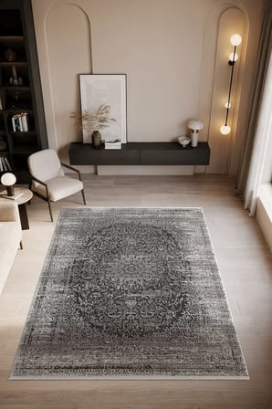 Look Black LB008G Siyah Gri Çerçeveli Klasik Desen Akrilik Yumuşak Tozuaz Salon Oturma Odası Halısı
