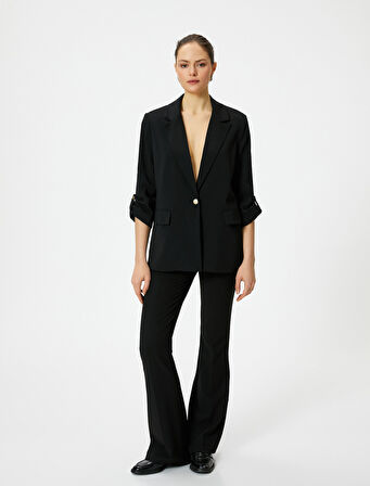 Blazer Ceket Gold Tek Düğmeli Kapaklı Cepli Katlamalı Kollu