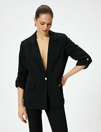 Blazer Ceket Gold Tek Düğmeli Kapaklı Cepli Katlamalı Kollu