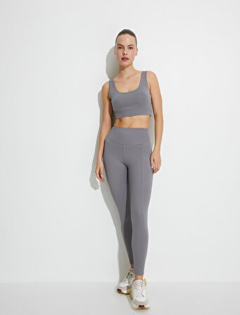 Cep Detaylı Yüksek Bel Spor Tayt Dikiş Detaylı Slim Fit Tuşe Yumuşak Dokulu